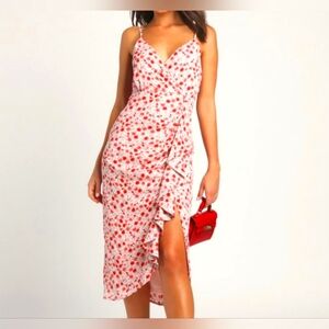 Lulu’s "Reason For Romance" Pink Red Floral Midi Dress Surplice Med Summer Beach